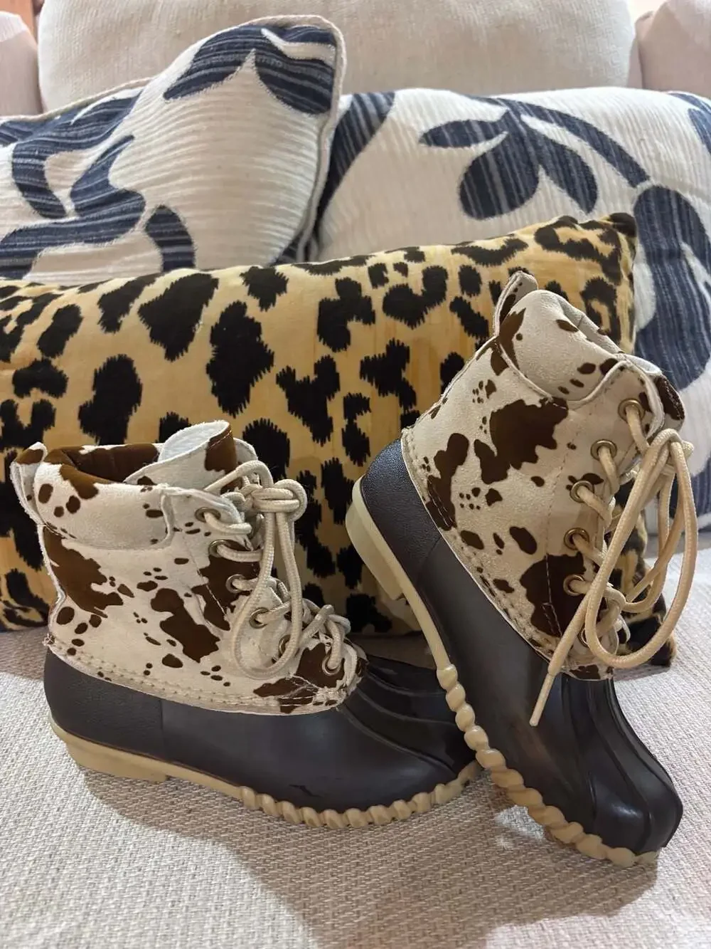 Outwoods Kids Size Cow Print Lace Up Rubber Duck Boots